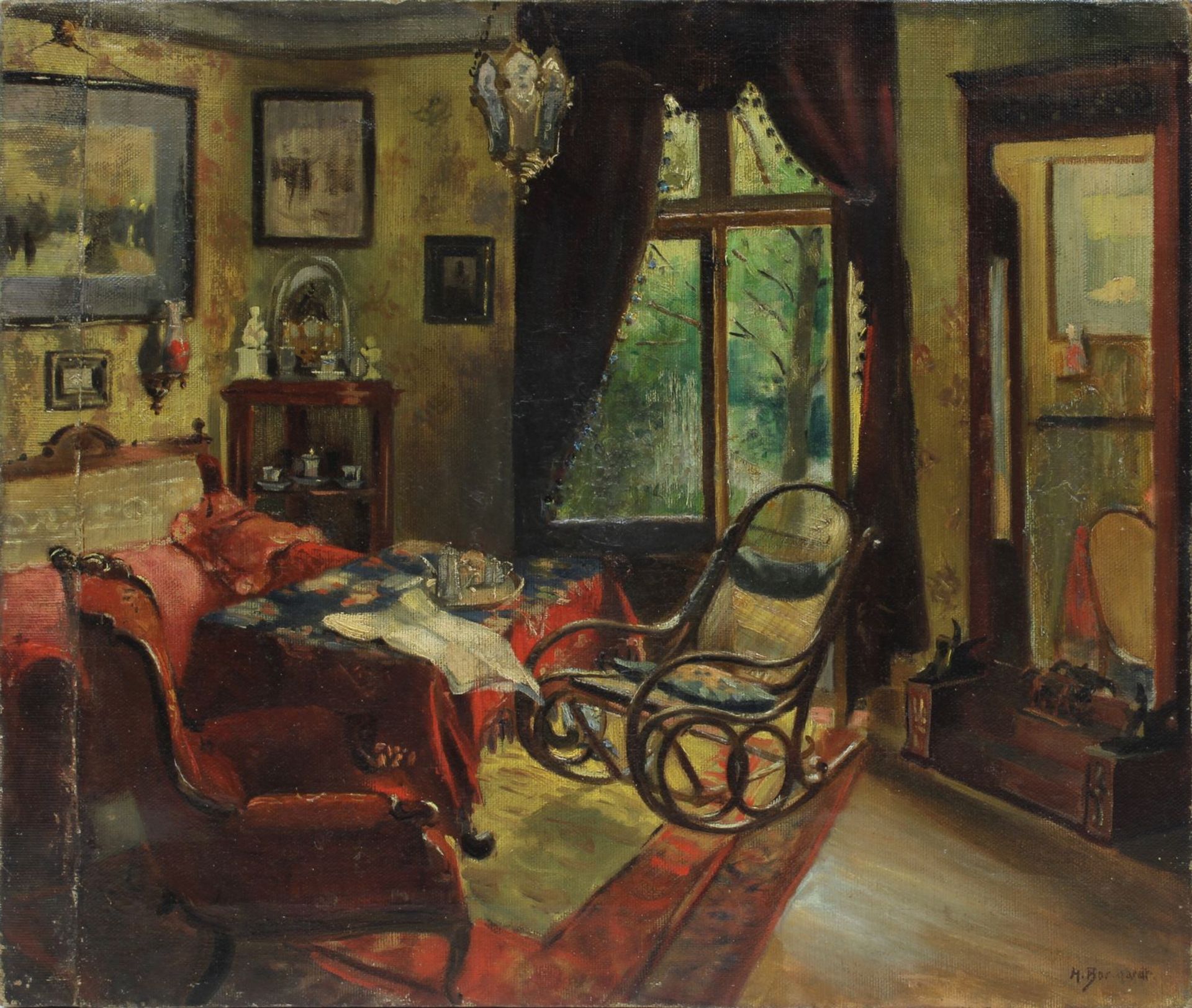 Borchardt, Hans (Berlin 1865 - 1917 München), Interieur mit Schaukelstuhl, Öl auf Leinwand, rechts