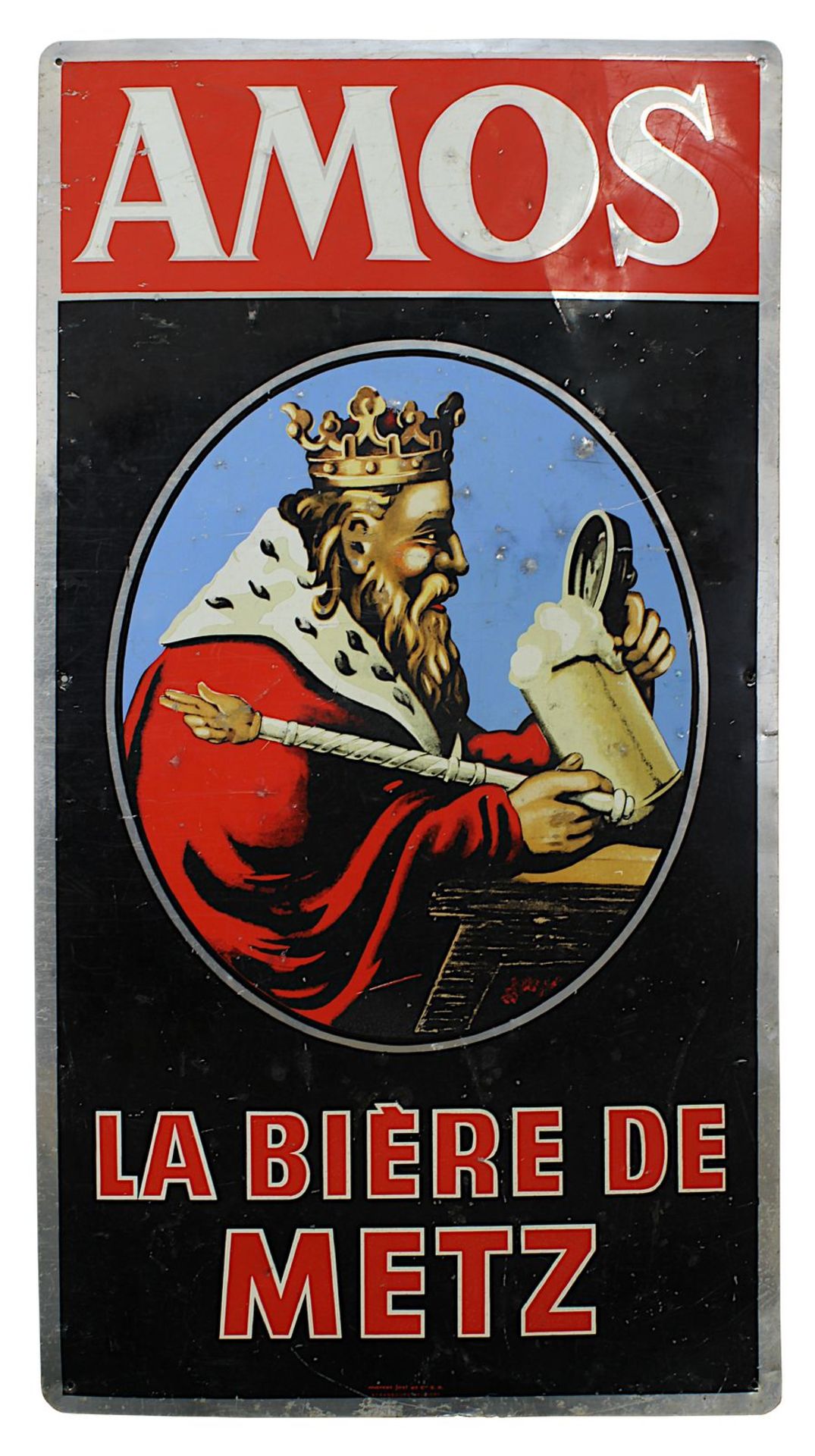Emaille Schild "Amos", Frankreich Mitte 20. Jh., Reklameschild der Brasserie Amos, darauf