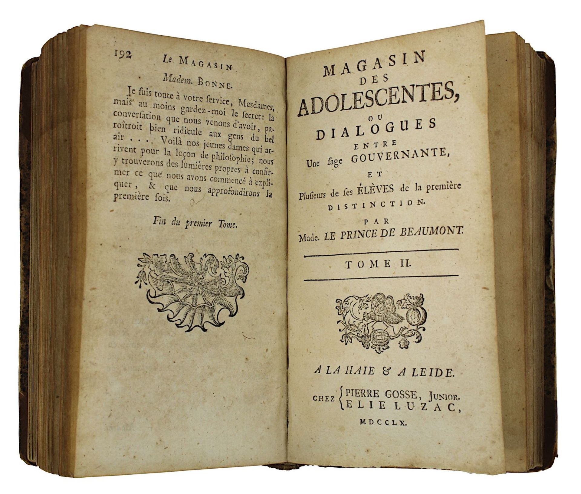 Jeanne-Marie Leprince de Beaumont "Magasin des adolescentes", Bd. 1, La Haie u. Leiden 1760,