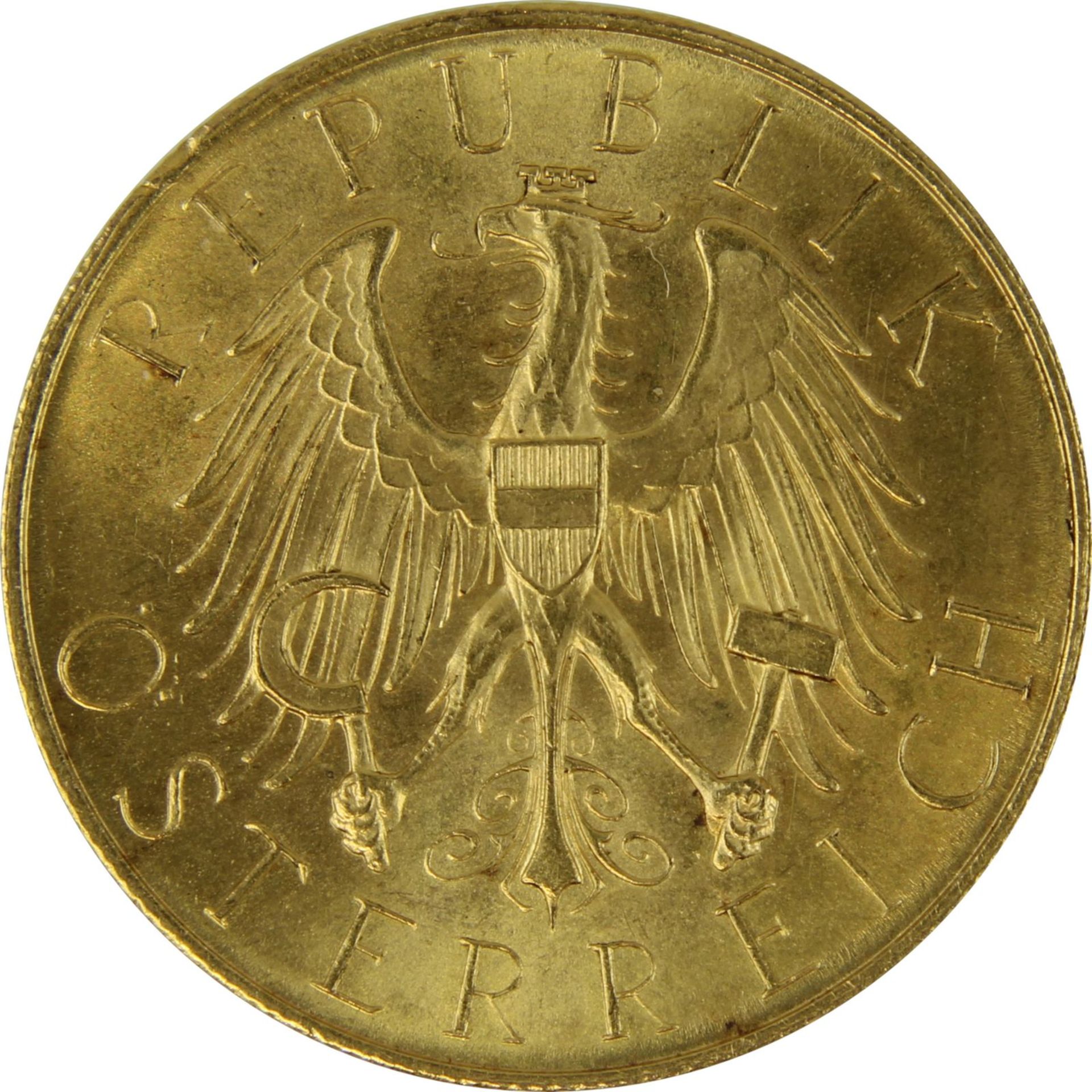 Goldmünze zu 25 Schilling, Republik Österreich 1926, Avers: Nominalwert, Jahreszahl 1926. Lorbeer u. - Bild 3 aus 3