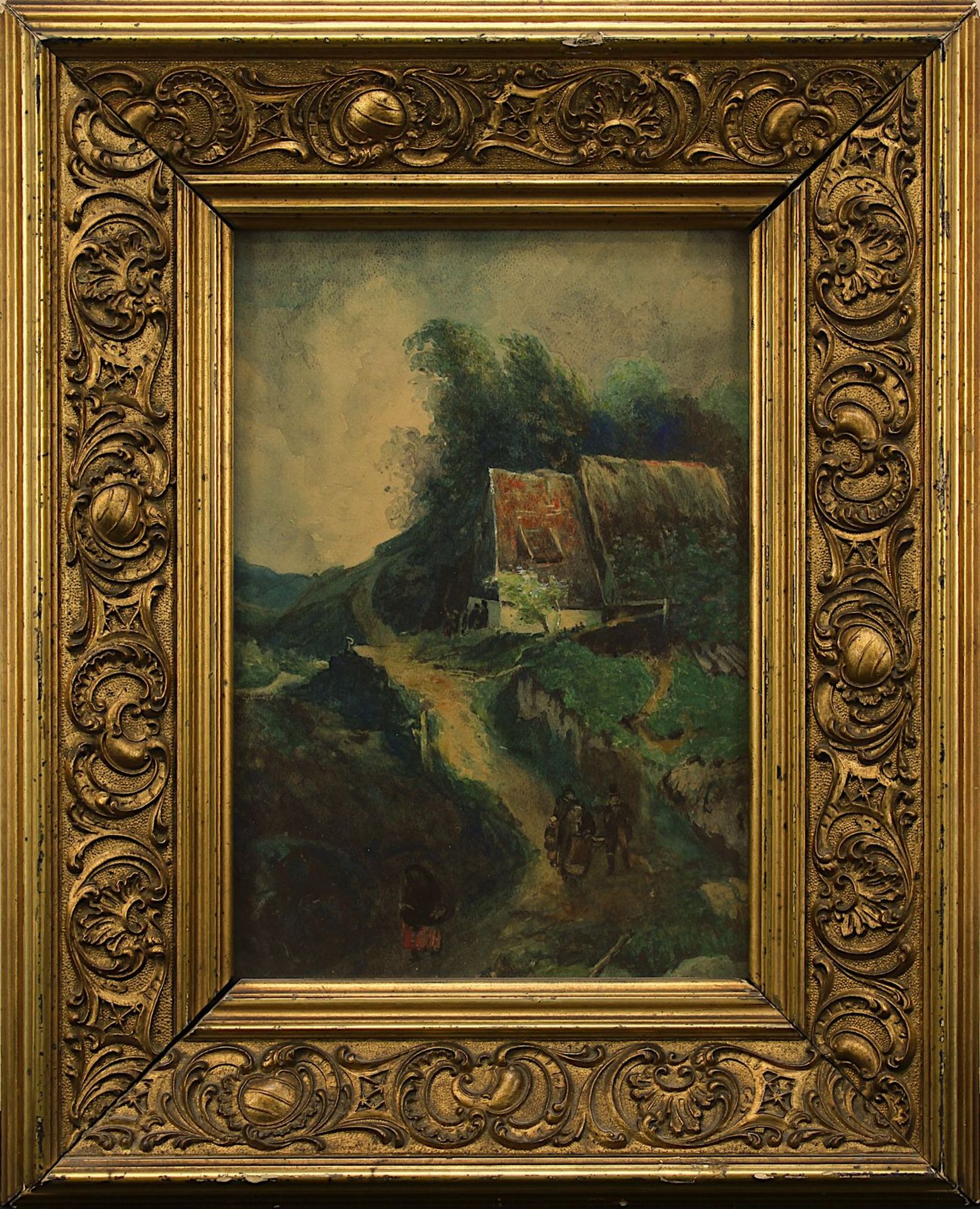 Aquarellist, Anfang 20. Jh., Bergige Landschaft mit Gebäude und Personenstaffage, ca. 28,5 x 19,5