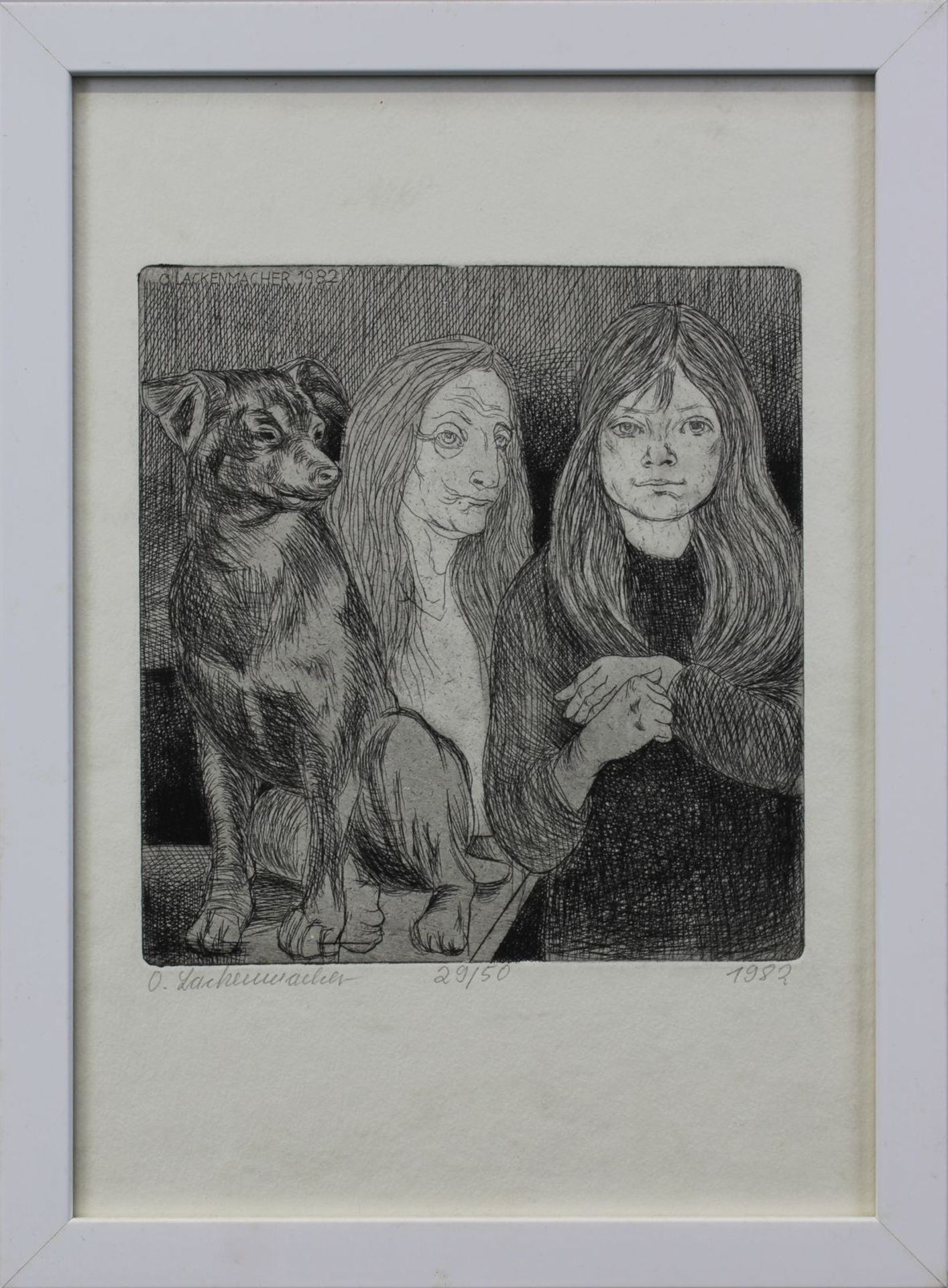 Lackenmacher, Otto (Saarbrücken 1927 - 1988 Saarbrücken), Tochter Sarah mit älterer Frau und Hund,