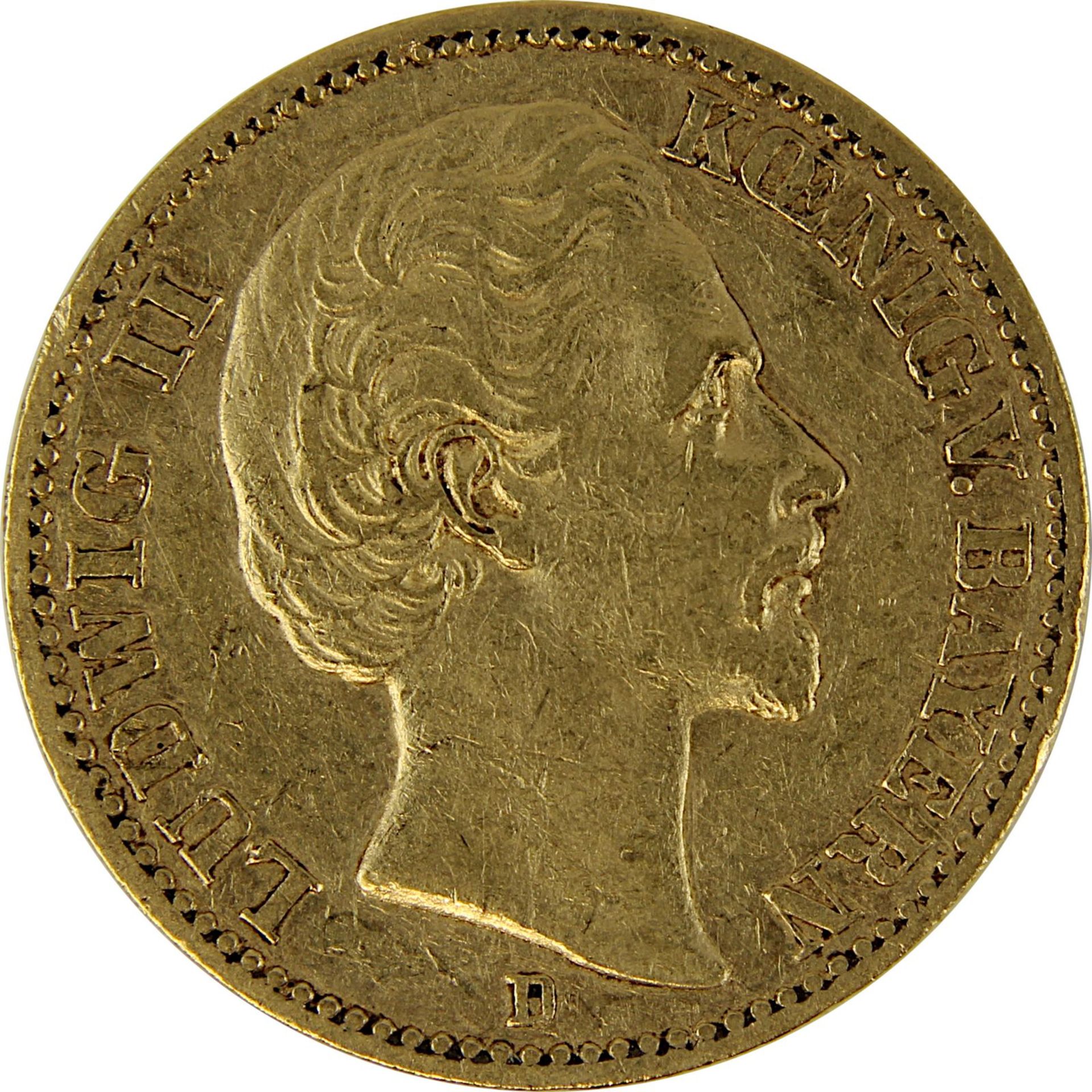 Goldmünze zu 20 Mark, Bayern - Deutsches Reich 1873, Avers: Kopf Ludwig II König von Bayern nach re. - Bild 2 aus 3
