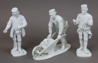 Drei Fürstenberg Bergmann-Figuren, Porzellan, weißer Scherben, glasiert, 2 Figuren H 20,5 cm, 1