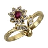 Gelbgold-Damenring mit Rubin und Brillanten, gestempelt 750, Ringkopf in Form einer Blume, besetzt