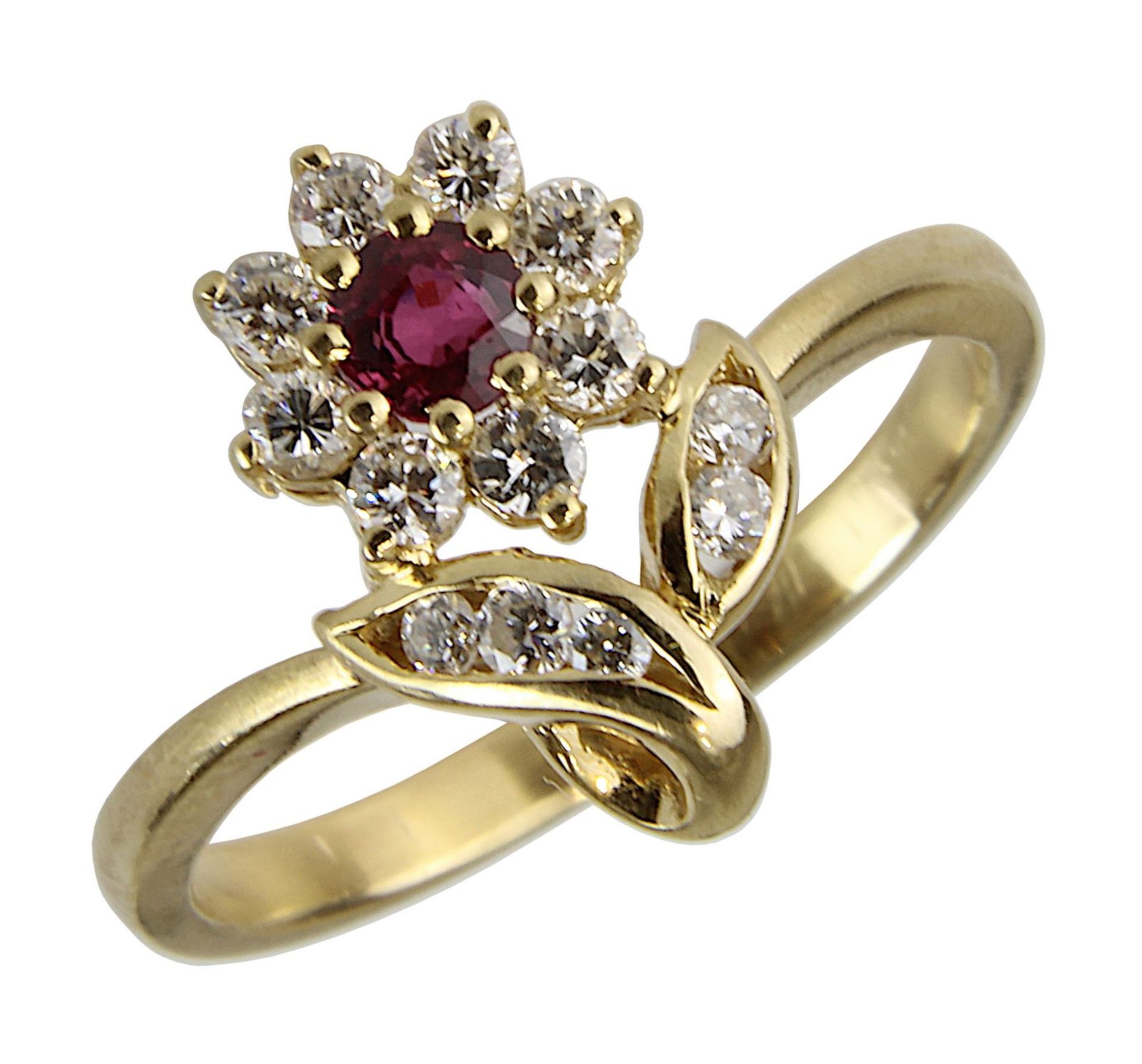 Gelbgold-Damenring mit Rubin und Brillanten, gestempelt 750, Ringkopf in Form einer Blume, besetzt