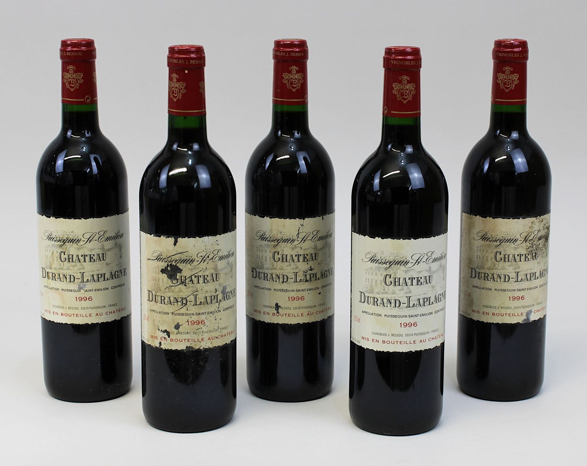 Fünf Flaschen 1996er Chateau Durand - Laplagne, Puisseguin St. Emilion, jeweils gute Füllhöhe,