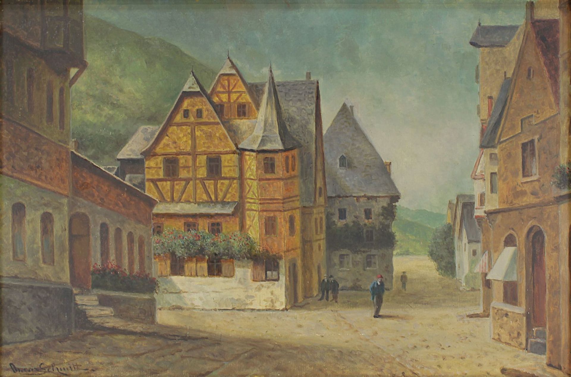 Schmitt, Oskar (1882 - 1943 München), Partie in einer Kleinstadt, mit Fachwerkhäusern, Öl auf - Image 2 of 4