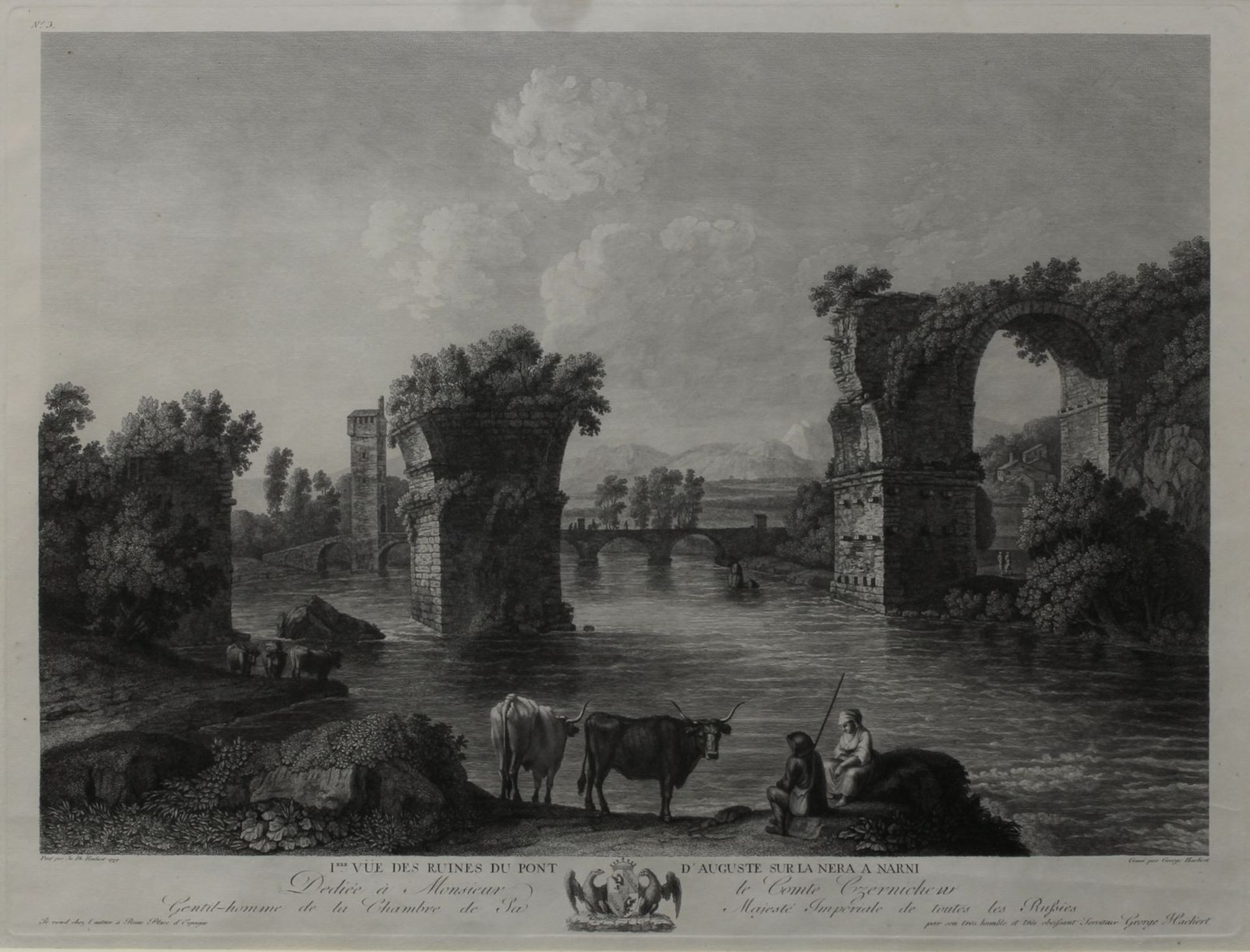 Hackert, Georg (Prenzlau 1755 - 1805 Florenz), "I ère Vue des ruines du Pont d'Auguste sur la Nera à - Image 2 of 2