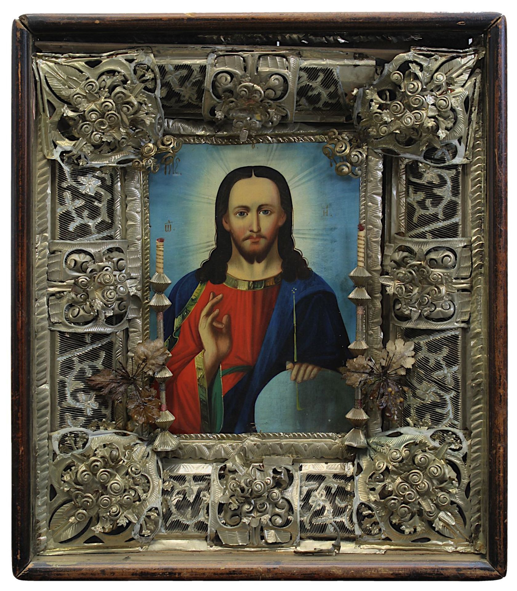 Ikone Christus Pantokrator, Russland M. bis 2. H. 19. Jh., Tempera auf Holz, als Halbfigur mit