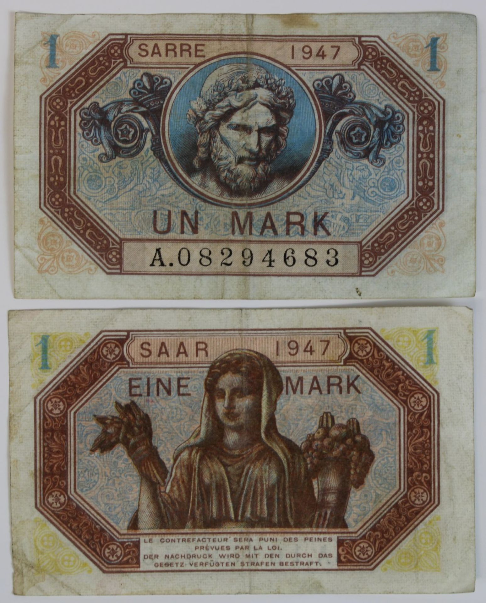 Zwei Banknoten zu einer Mark, Saar 1947, Vorderseite mit französischer Beschriftung, Rückseite mit - Bild 2 aus 2