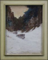 Krohn, Karl (Jagdmaler Mitte 20. Jh.), Schwarzwild im Schnee am Waldrand, Gouache, li. u.