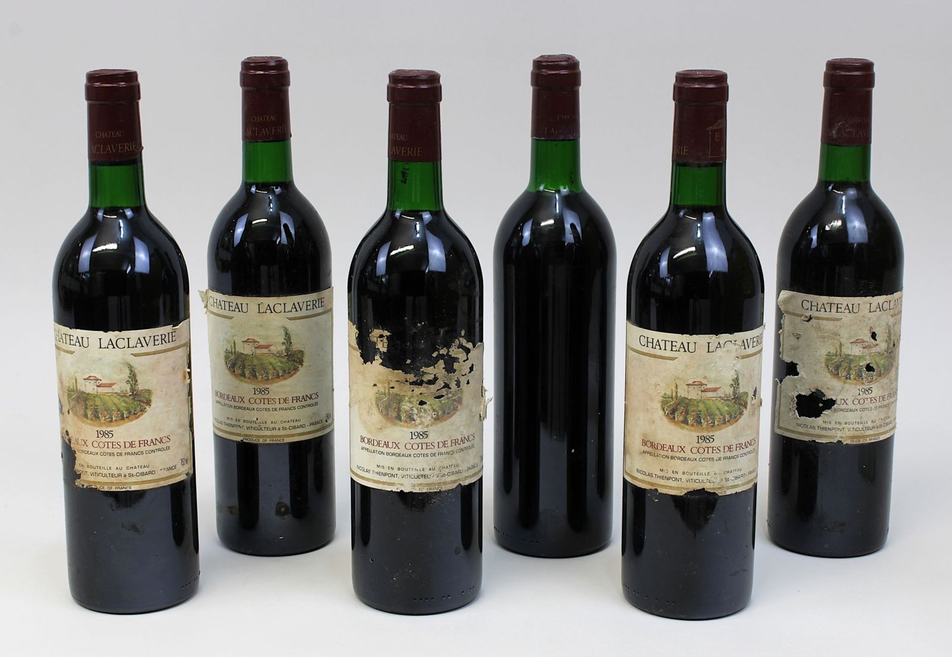 Sechs Flaschen 1985er Chateau Laclaverie, Bordeaux Côtes de Francs, St. - Cibard, Füllhöhen: jeweils