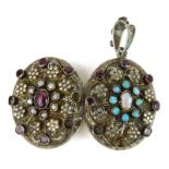 Silbermedaillon mit Perlen und Edelsteinen, Österreich/Ungarn 1866-1922, ovale Form, Schauseiten mit