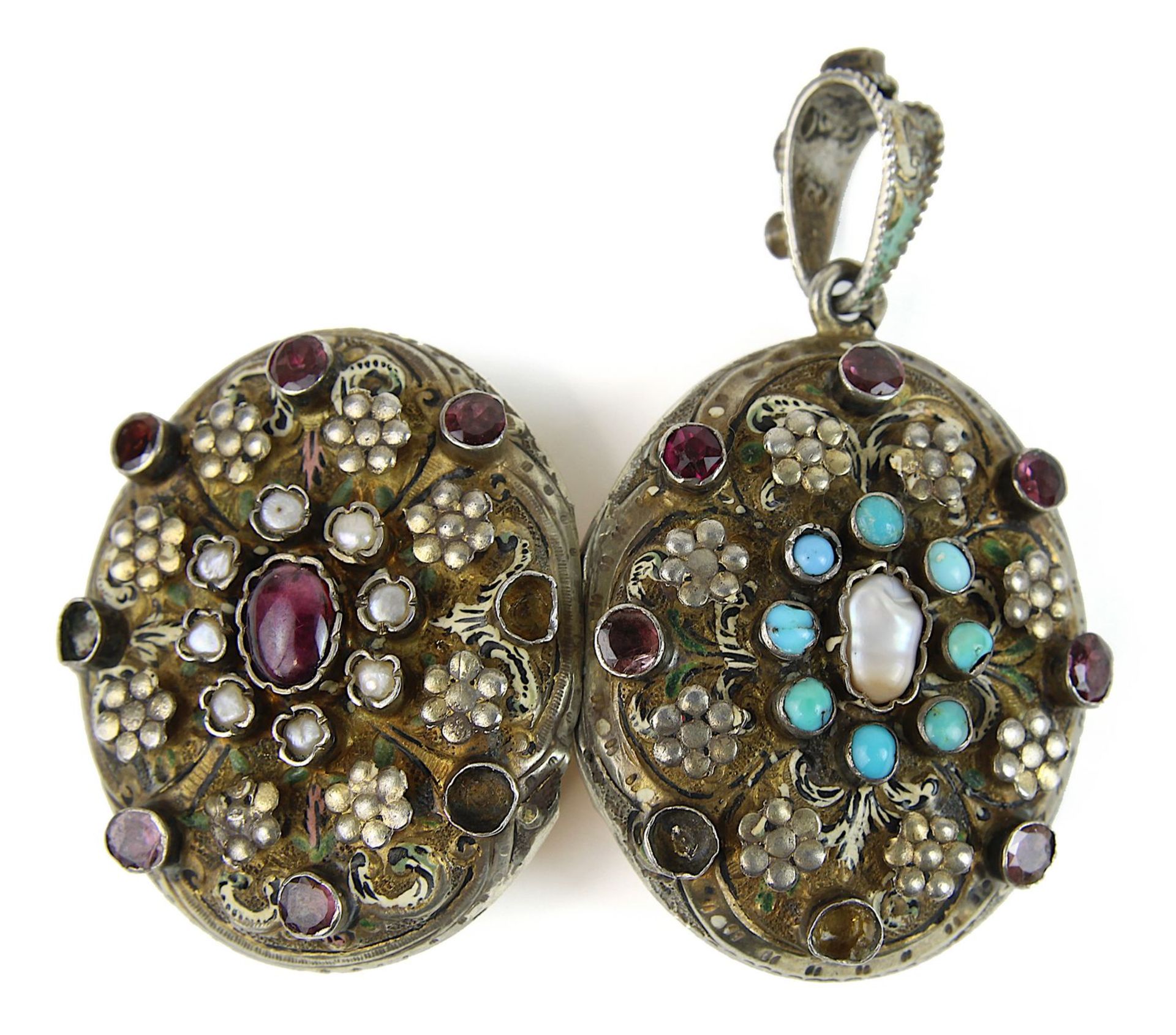 Silbermedaillon mit Perlen und Edelsteinen, Österreich/Ungarn 1866-1922, ovale Form, Schauseiten mit