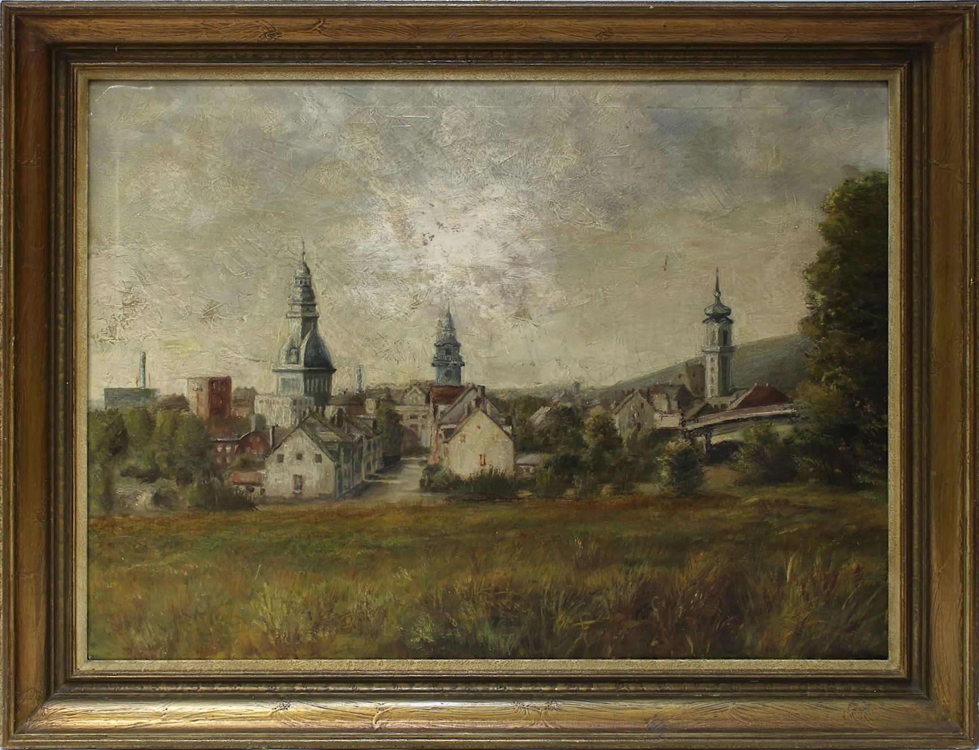 Saarländischer Künstler, Völklingen mit Kirchen, auf der rechten Seite Hüttenschornstein der