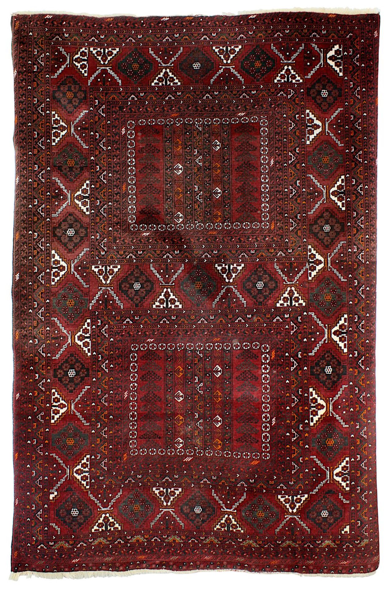 Teppich, Afghanistan 1. H. bis M. 20. Jh., Wolle auf Wolle, rot u. braun grundig, mit
