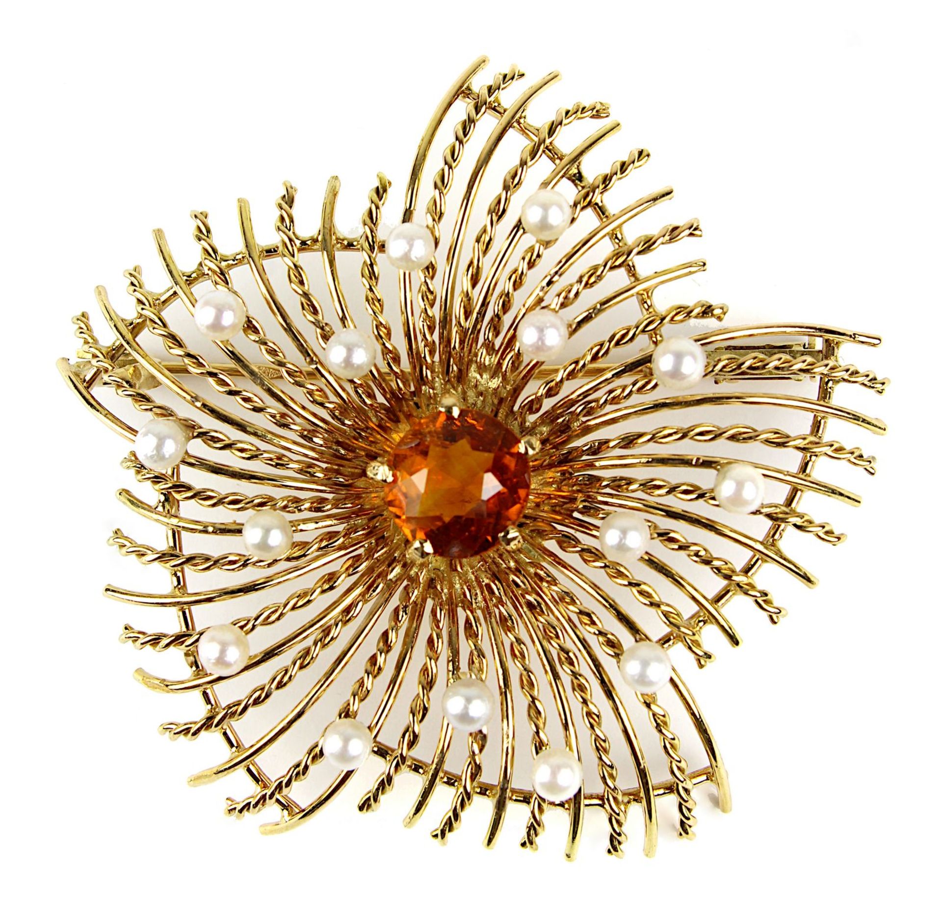 Brosche in Blumenform mit Citrin und Perlen, Schmuckstück aus 750er Roségold handgefertigt,