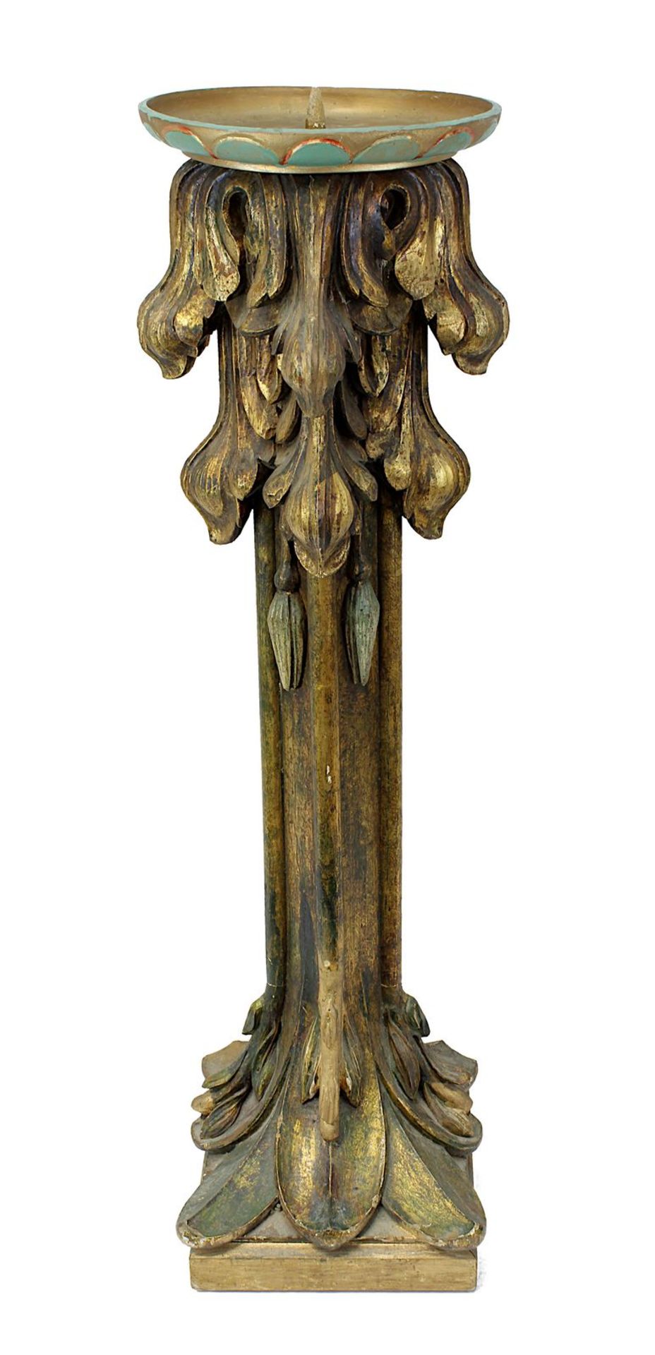 Großer Kerzenleuchter, Anfang 20. Jh., Holz geschnitzt u. farbig gefasst, im neogotischem Stil,