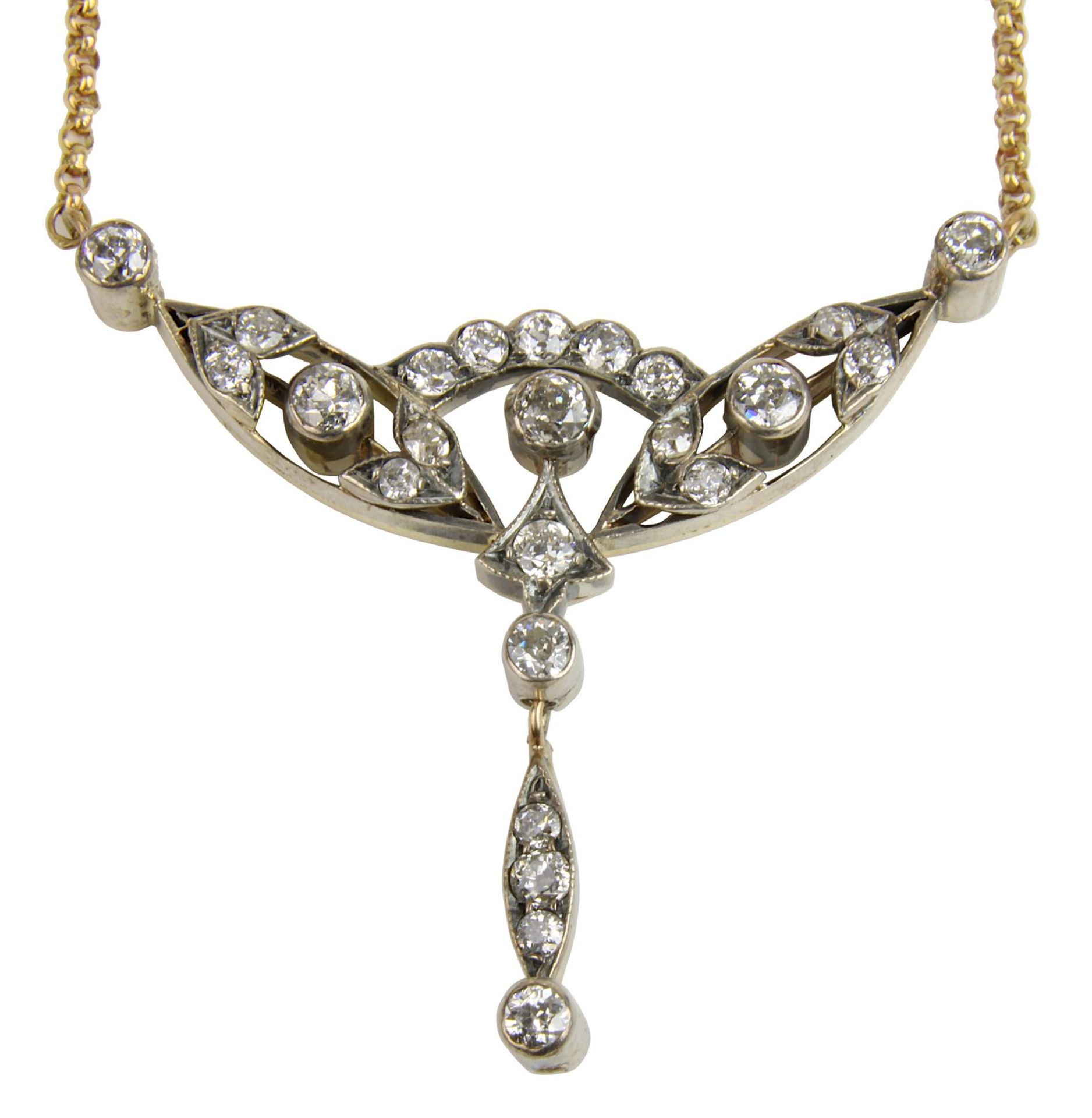 Jugendstil-Diamantcollier, 14-karätige Weißgoldkette mit Bruststück aus Gold mit aufgelegtem Silber,