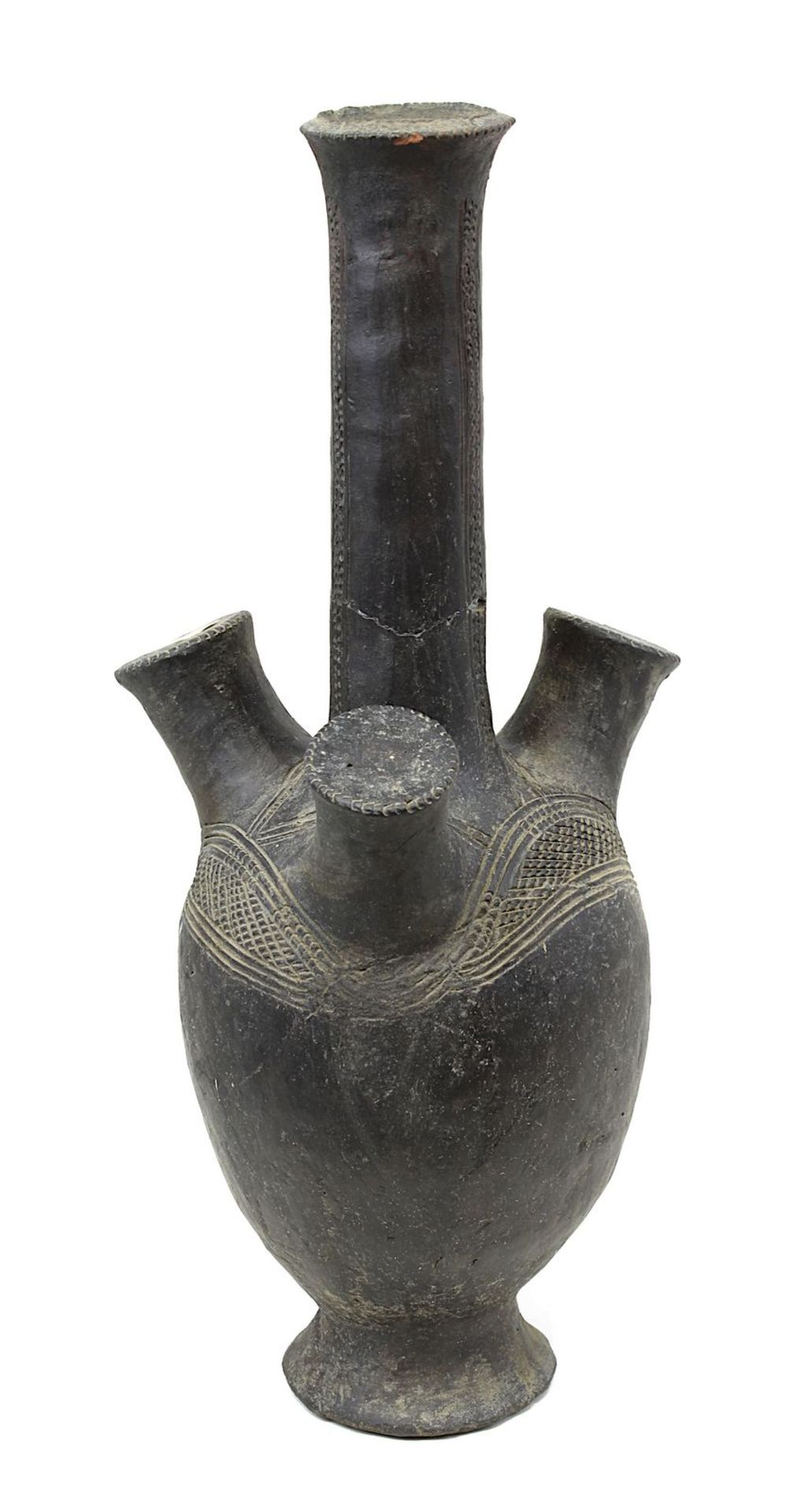 Seltenes afrikanisches antikes Flaschengefäß mit 3 zylindrischen Handhaben, wohl nördliches