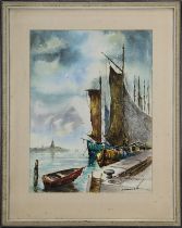 Dahlhaus, H., Aquarellist M. 20. Jh., Kai mit Segelschiffen u. Blick auf eine Küstenstadt, Aquarell,