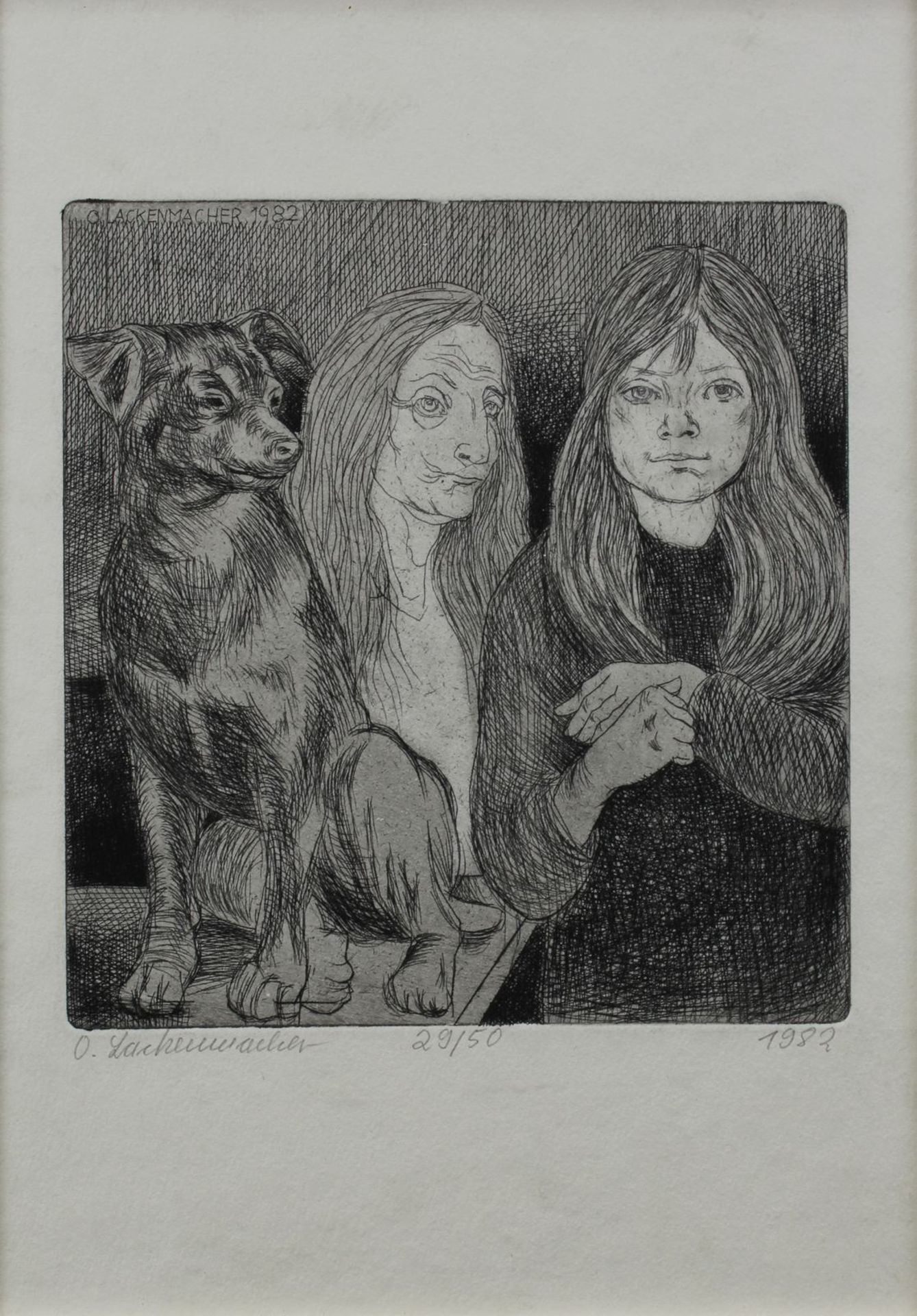Lackenmacher, Otto (Saarbrücken 1927 - 1988 Saarbrücken), Tochter Sarah mit älterer Frau und Hund, - Image 2 of 2