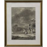 Reiter im Gewitter vor einsamem Hof, Aquarell in Grautönen, 19. Jh., 22,5 x 16,5 cm (