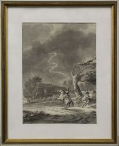 Reiter im Gewitter vor einsamem Hof, Aquarell in Grautönen, 19. Jh., 22,5 x 16,5 cm (