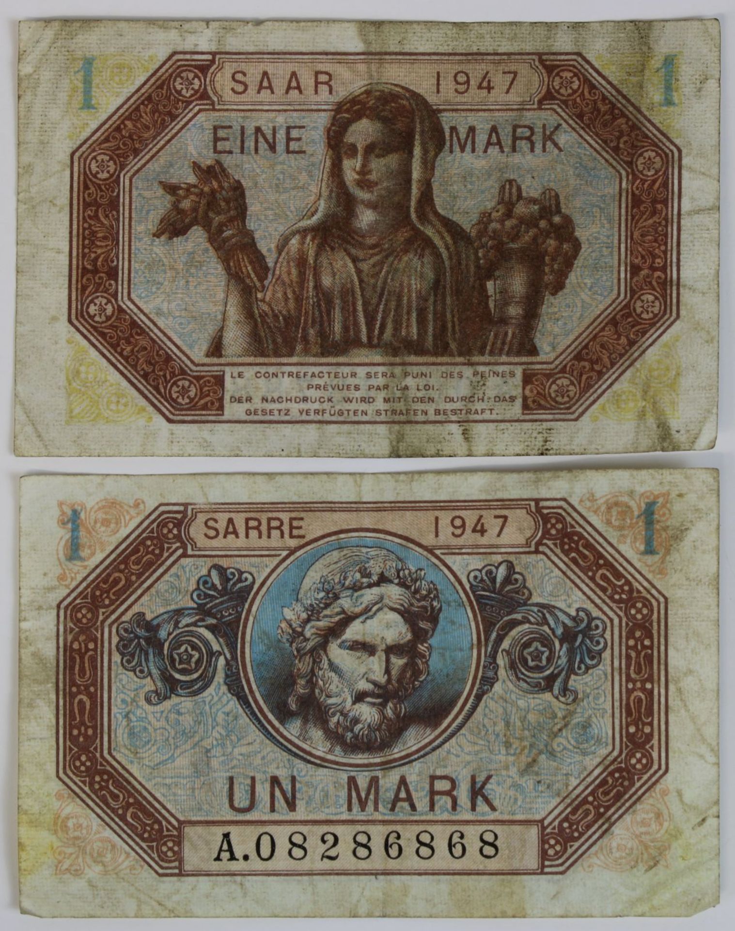 Zwei Banknoten zu einer Mark, Saar 1947, Vorderseite mit französischer Beschriftung, Rückseite mit - Image 2 of 2