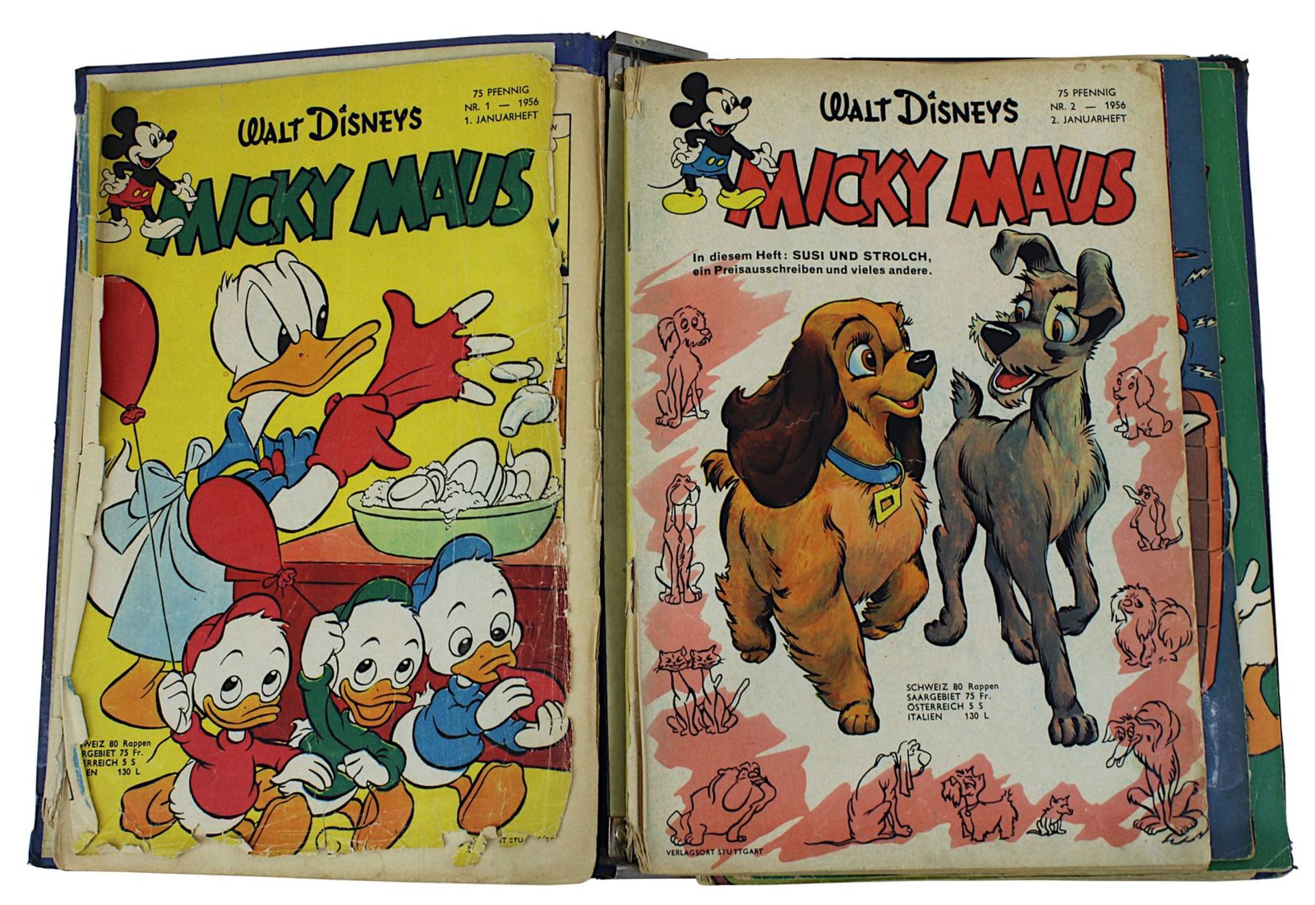 Konvolut 12 Micky-Maus-Hefte 1956, Nr. 1-13 (Januar bis Juni 1956, Nr. 8 fehlt), davon Nr. 1 in