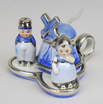 Gewürzset Hummel/Goebel 1940/50er Jahre, blau u. Silber staffiert, Anbiettablett mit Figuren eines