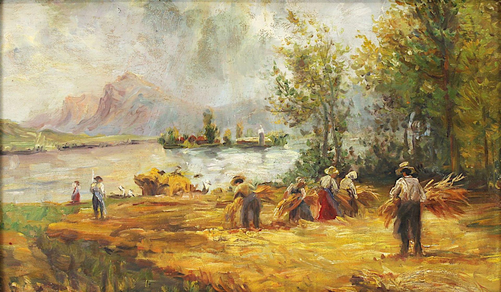 Degenhard, Hugo (München 1866 - 1901 München), Kornernte am Flussufer im Voralpenland, Öl auf - Image 2 of 3