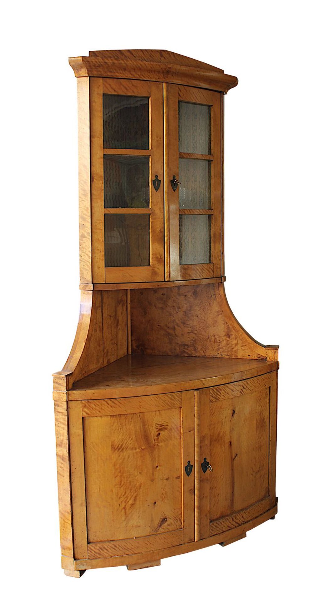 Eckvitrinenschrank, Biedermeier deutsch um 1820/30, Birke u.Birkenfurnier auf Nadelholz, Unterteil