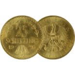 Goldmünze zu 25 Schilling, Republik Österreich 1926, Avers: Nominalwert, Jahreszahl 1926. Lorbeer u.