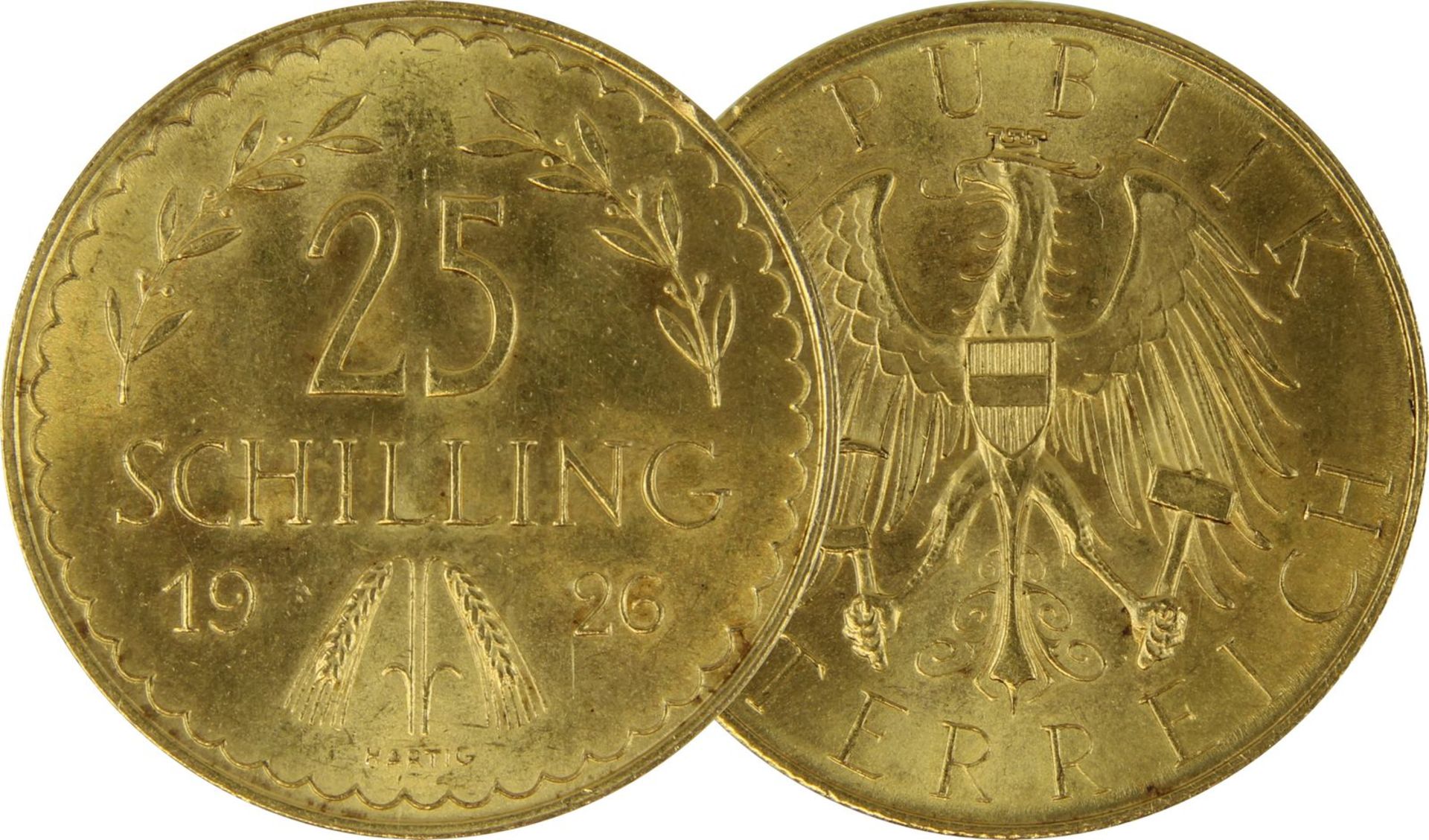 Goldmünze zu 25 Schilling, Republik Österreich 1926, Avers: Nominalwert, Jahreszahl 1926. Lorbeer u.
