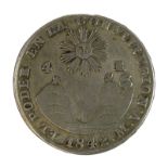Münze zu 4 Reales Ecuador 1842, Silber, Avers Sonne über Bergen, Nominalwert, Jahreszahl u.