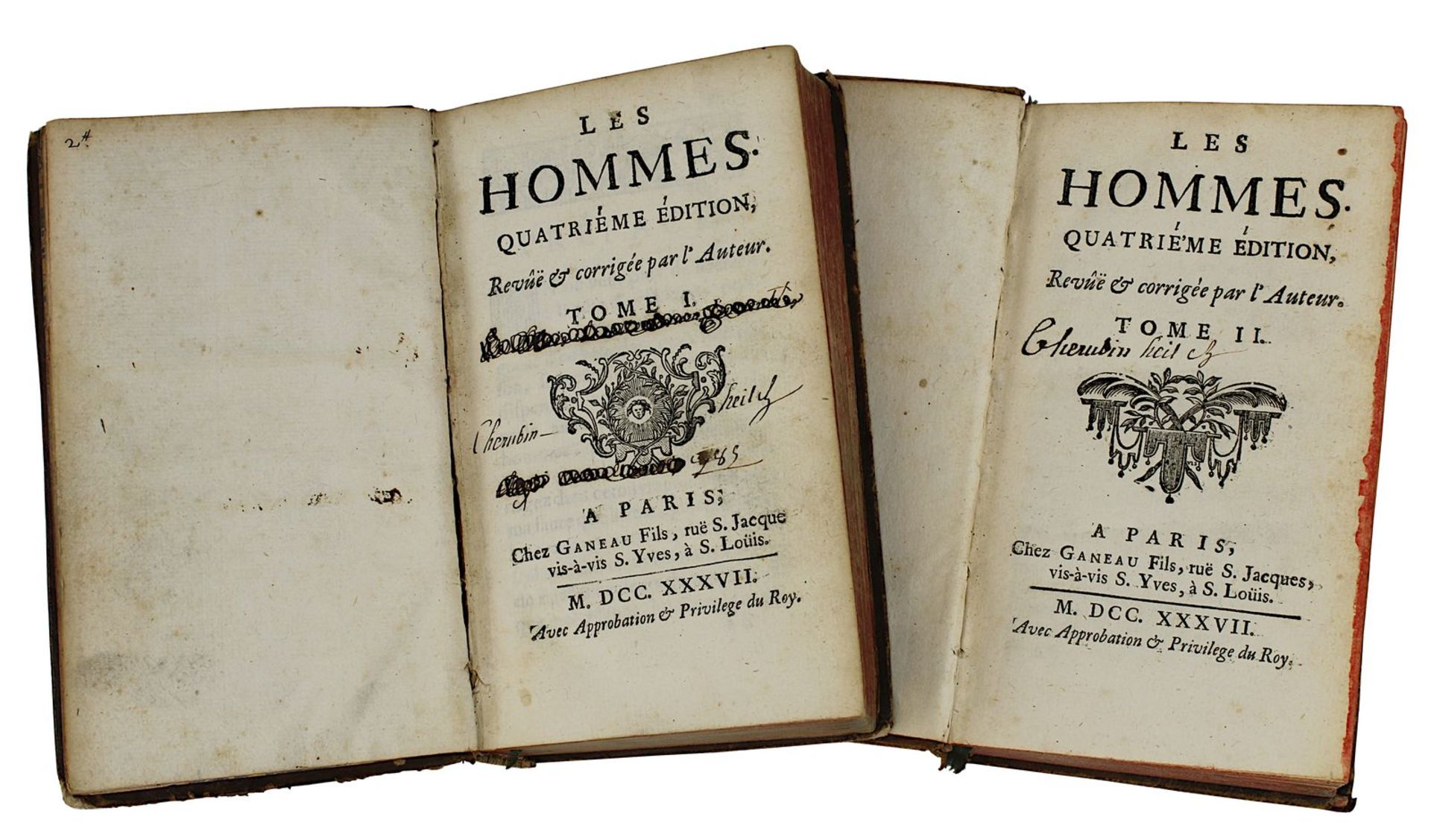 "Les Hommes", Bd. 1 u. 2, Ganeau Fils Paris 1737, 4. Edit., beide mit Titelvignette, Ledereinbände