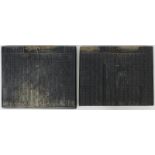 2 Druckplatten aus Holz, jew. beidseitig mit chinesischen Schriftzügen, jew. ca. 17,5 x 21,5 cm,