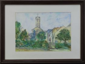 Breyer, Benno (Ommersheim 1939 - 2013 Ommersheim), "Vor der Kirche in Ommersheim", Aquarell-