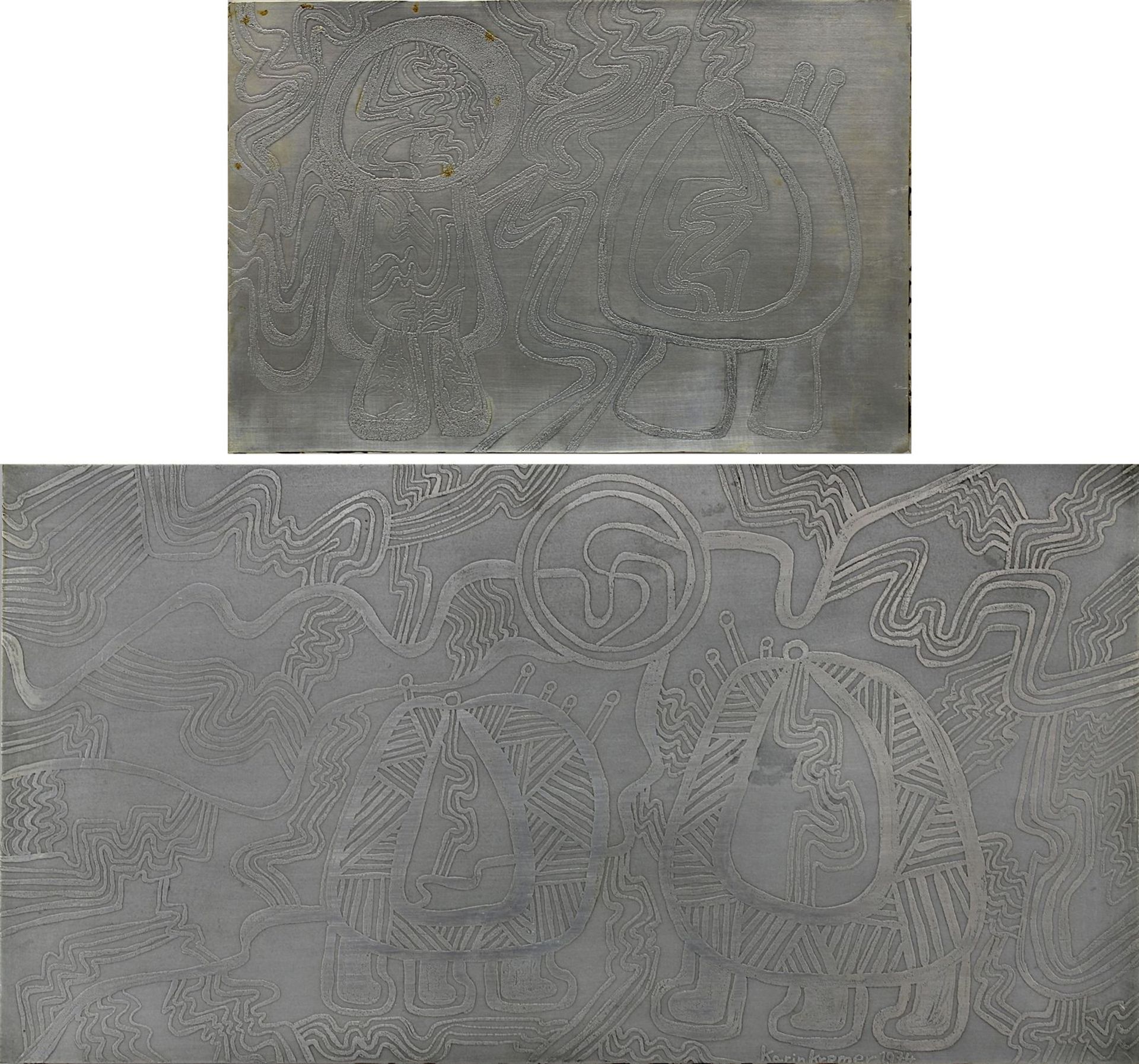 Kremer, Karin (Celle 1939 - 2019 Hameln), zwei reliefierte Aluminiumarbeiten, Kompositionen mit