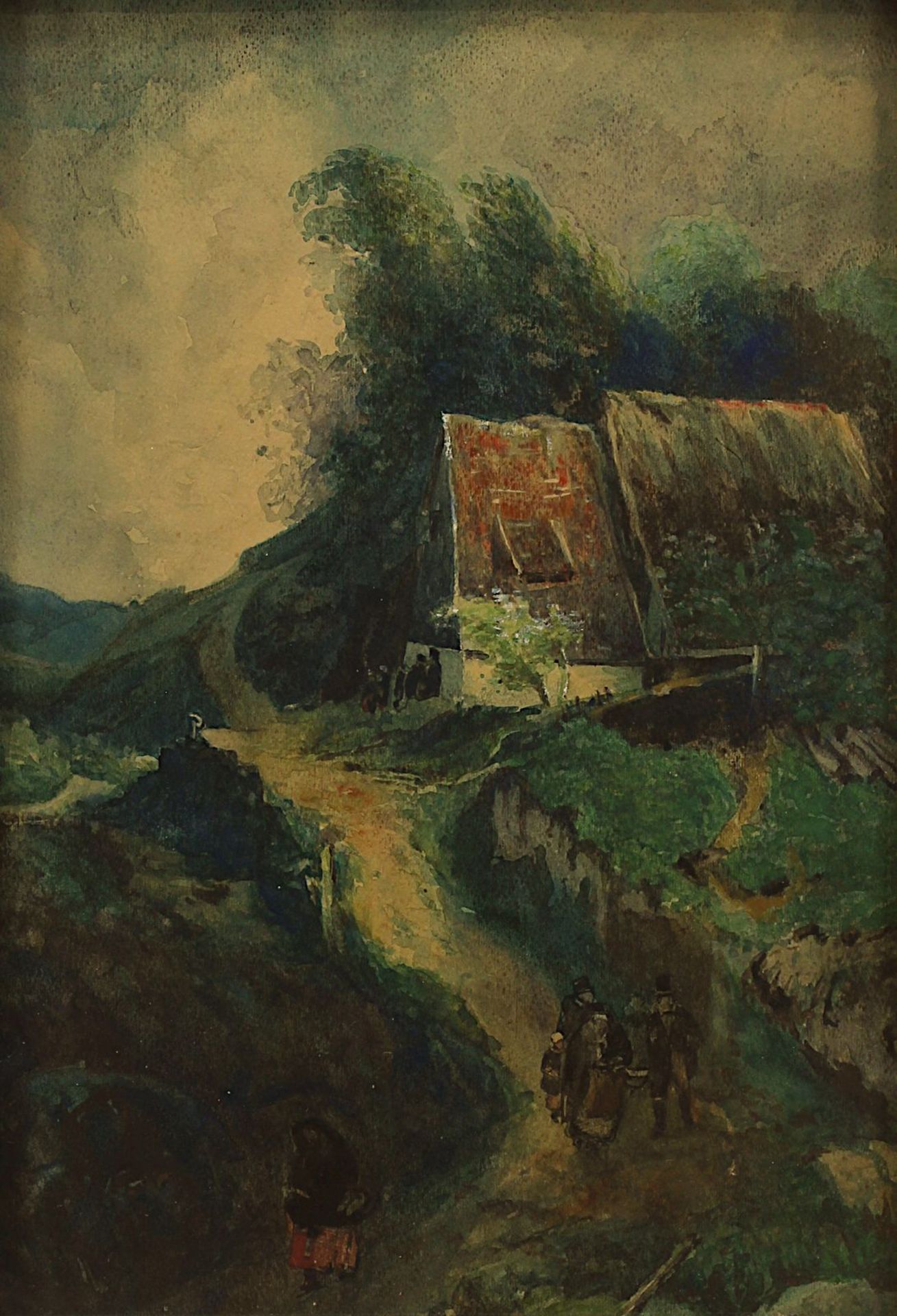 Aquarellist, Anfang 20. Jh., Bergige Landschaft mit Gebäude und Personenstaffage, ca. 28,5 x 19,5 - Bild 2 aus 2