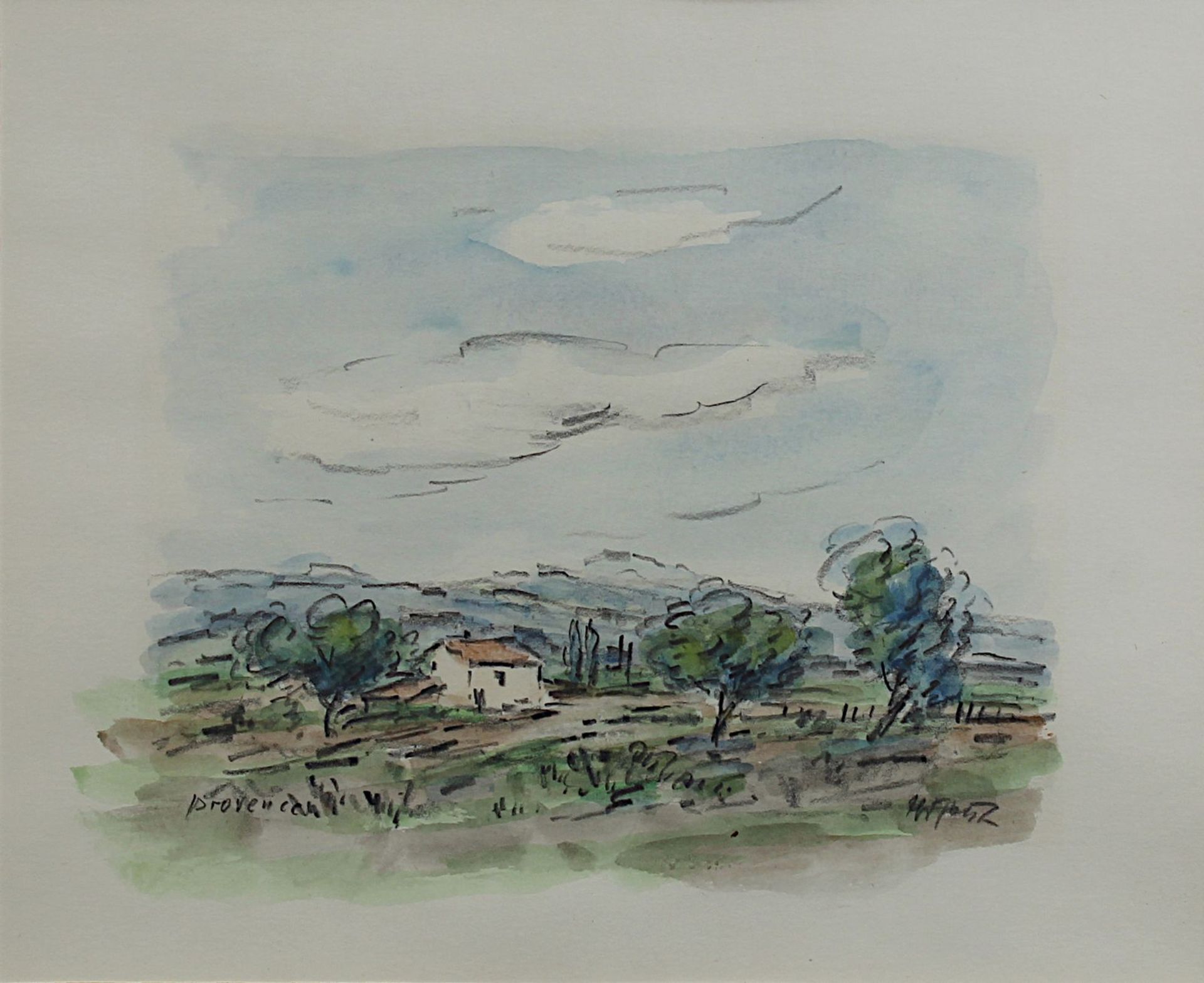 Lauer, Heinz (Gunzenau 1924 - 2014 Saarbrücken) Aquarellierte Graphitzeichnung "Provence", links - Bild 2 aus 2