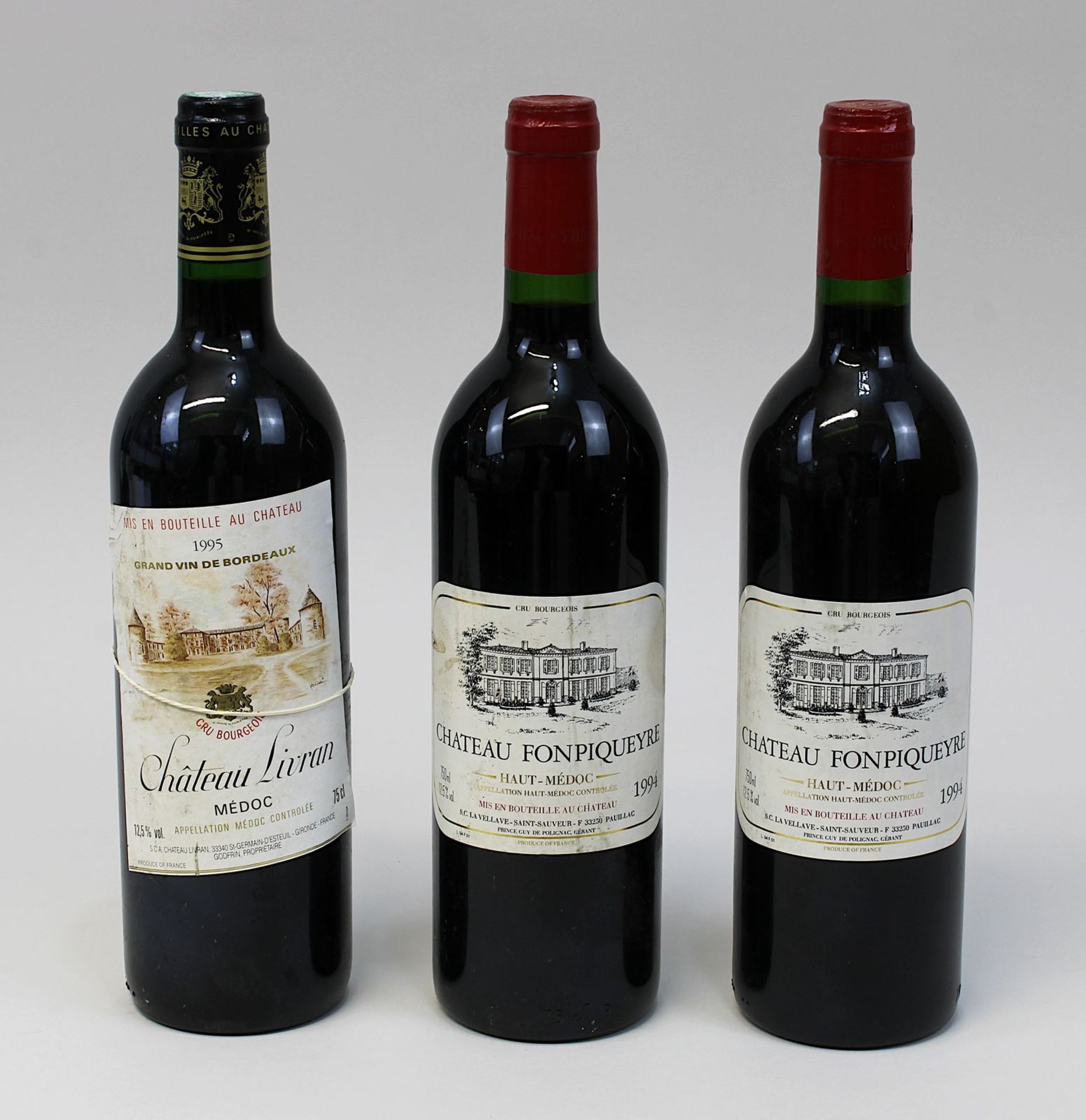 Drei Flaschen Bordeaux: zwei Flaschen 1994er Chateau Fonpiqueyre, Cru Bourgeois, Haut-Médoc,