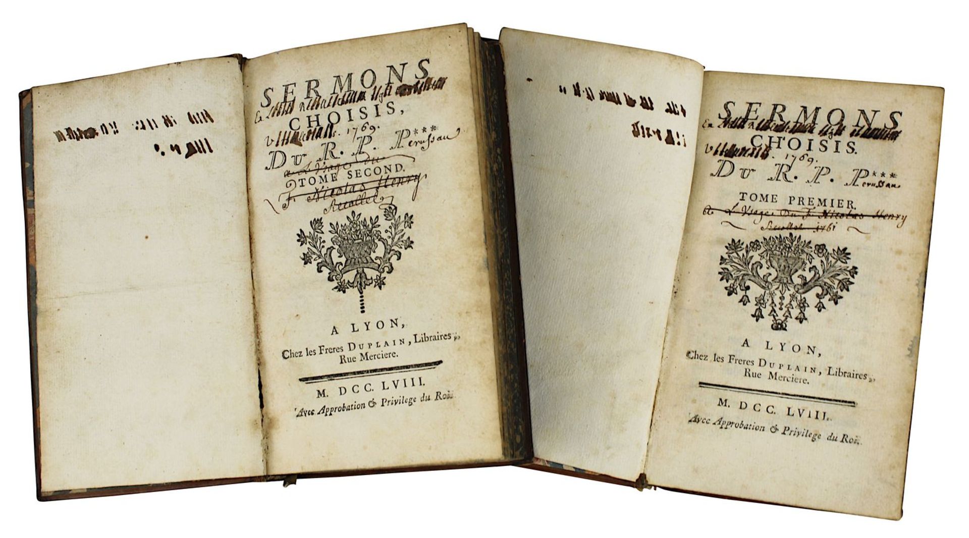 R. P. P. "Sermons Choisis", Bd. 1 u. 2, Lyon 1758, jeweils Titelvignette, marmorierter Ledereinband,