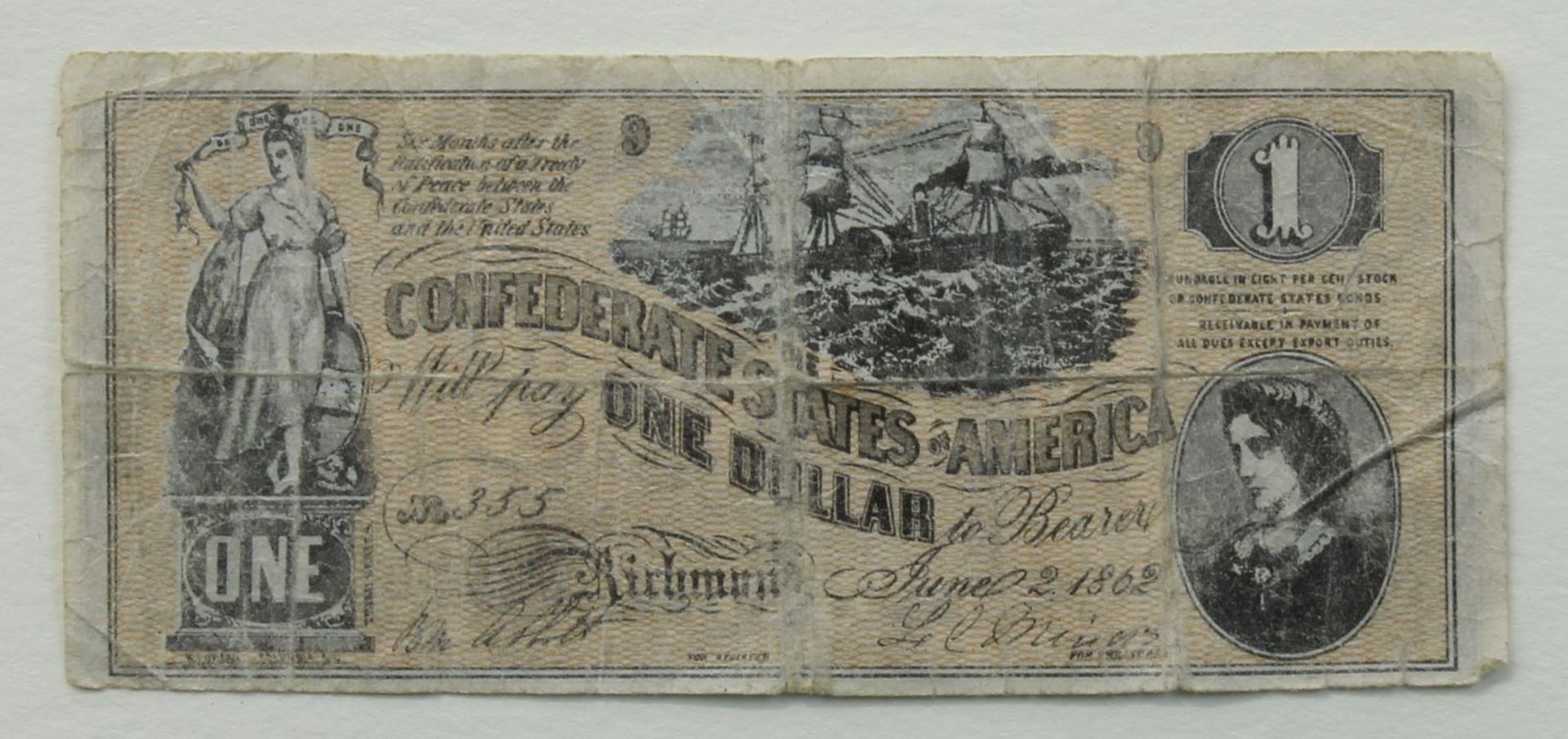 Ein Dollar, Konföderierte Staaten von Amerika (One CSA - Dollar), 6 x 14 cm, Knick u. - Bild 2 aus 2