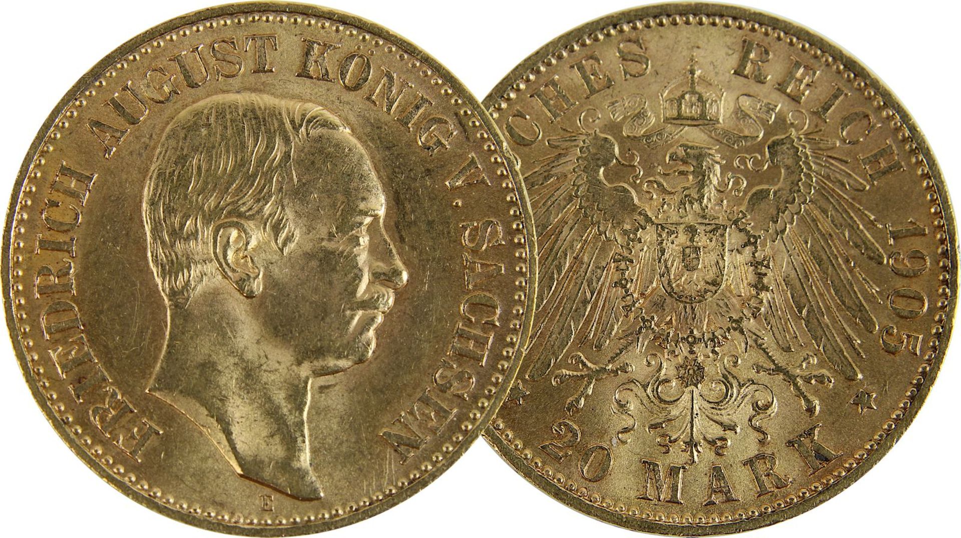 Goldmünze zu 20 Mark, Sachsen - Deutsches Reich 1905, Avers: Kopf Friedrich August von Sachsen