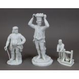 Drei Fürstenberg Bergmann-Figuren, Porzellan, weißer Scherben, glasiert, Höhe 12, 20 und 25,5 cm, im