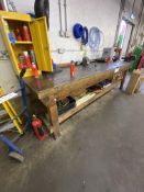 Timber Framed Steel Top Workshop Bench, approx. 3m x 900mm, with Stanley 6in. bench vice,