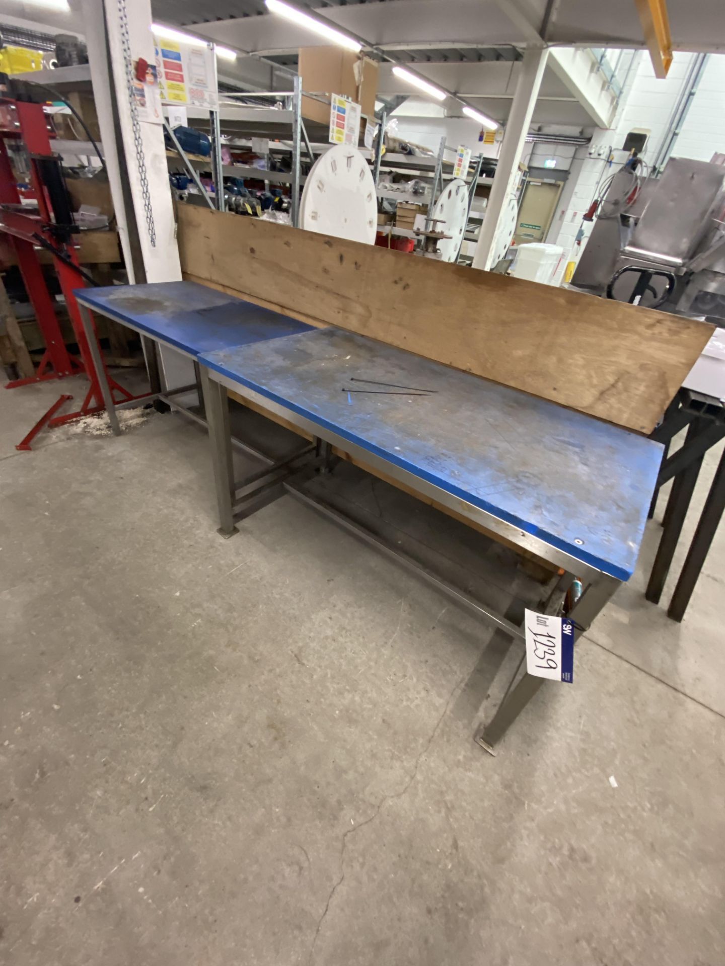 Two Stainless Steel Framed Benches, one approx. 1.35m x 700mm and one approx. 1.1m x 630mmPlease